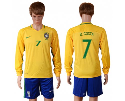 Brazil #7 D.Costa Home Long Sleeves Soccer Country Jersey - Click Image to Close